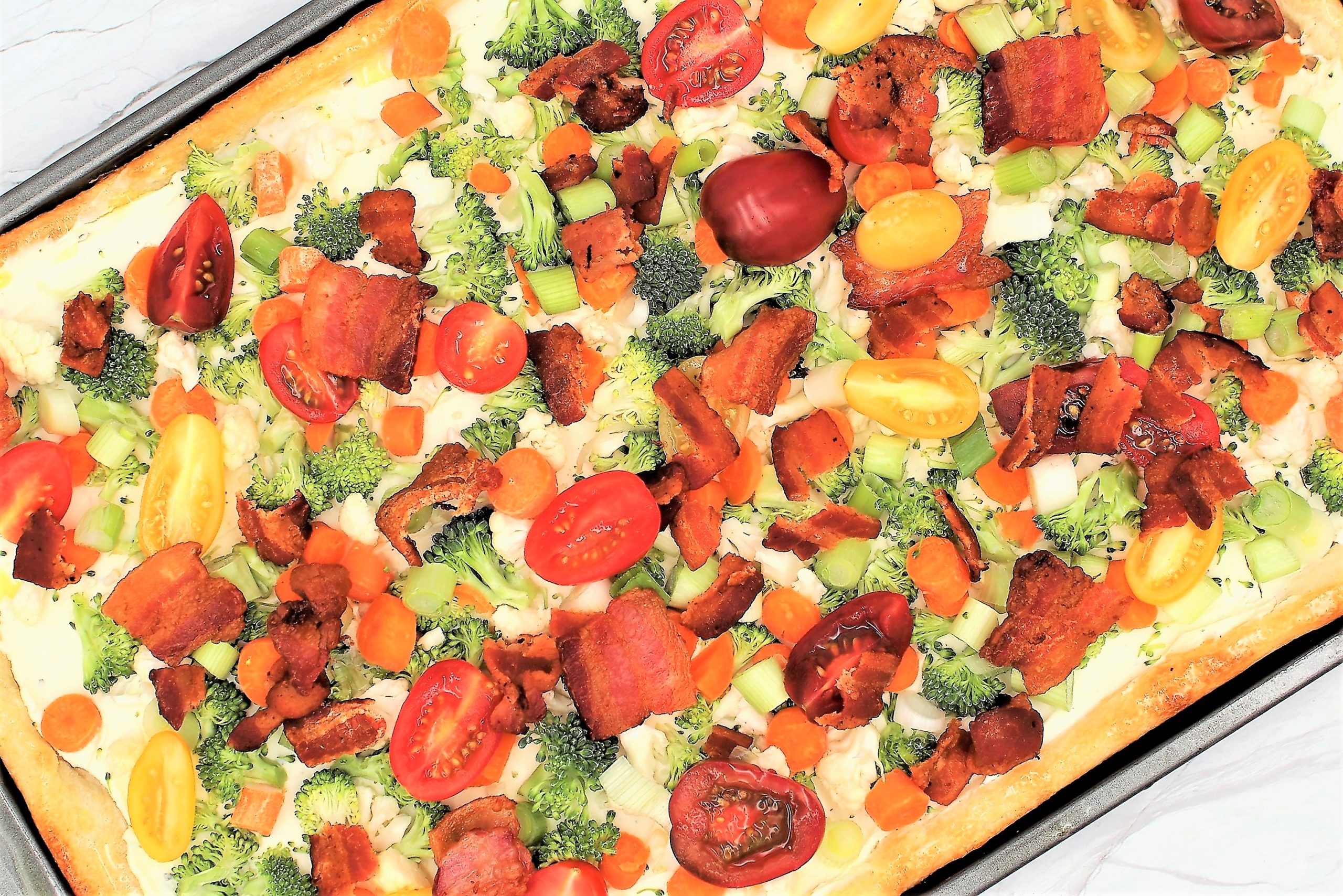 Vegetable, Bacon, and Cream Cheese Croissant Pizza
